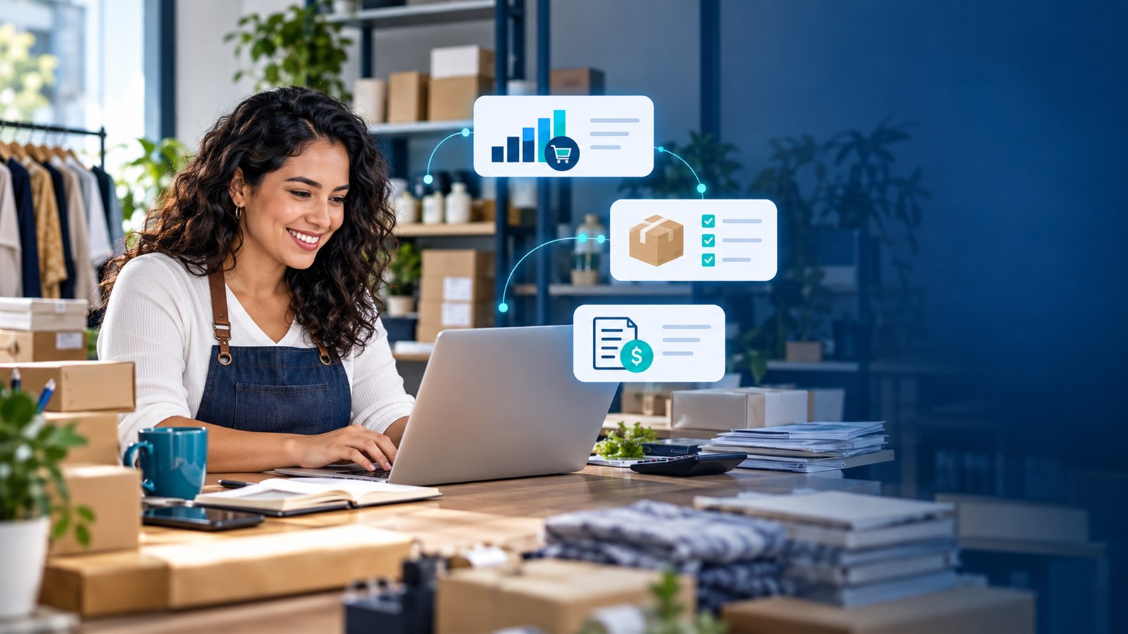 Emprendedora usando inteligencia artificial para organizar su negocio