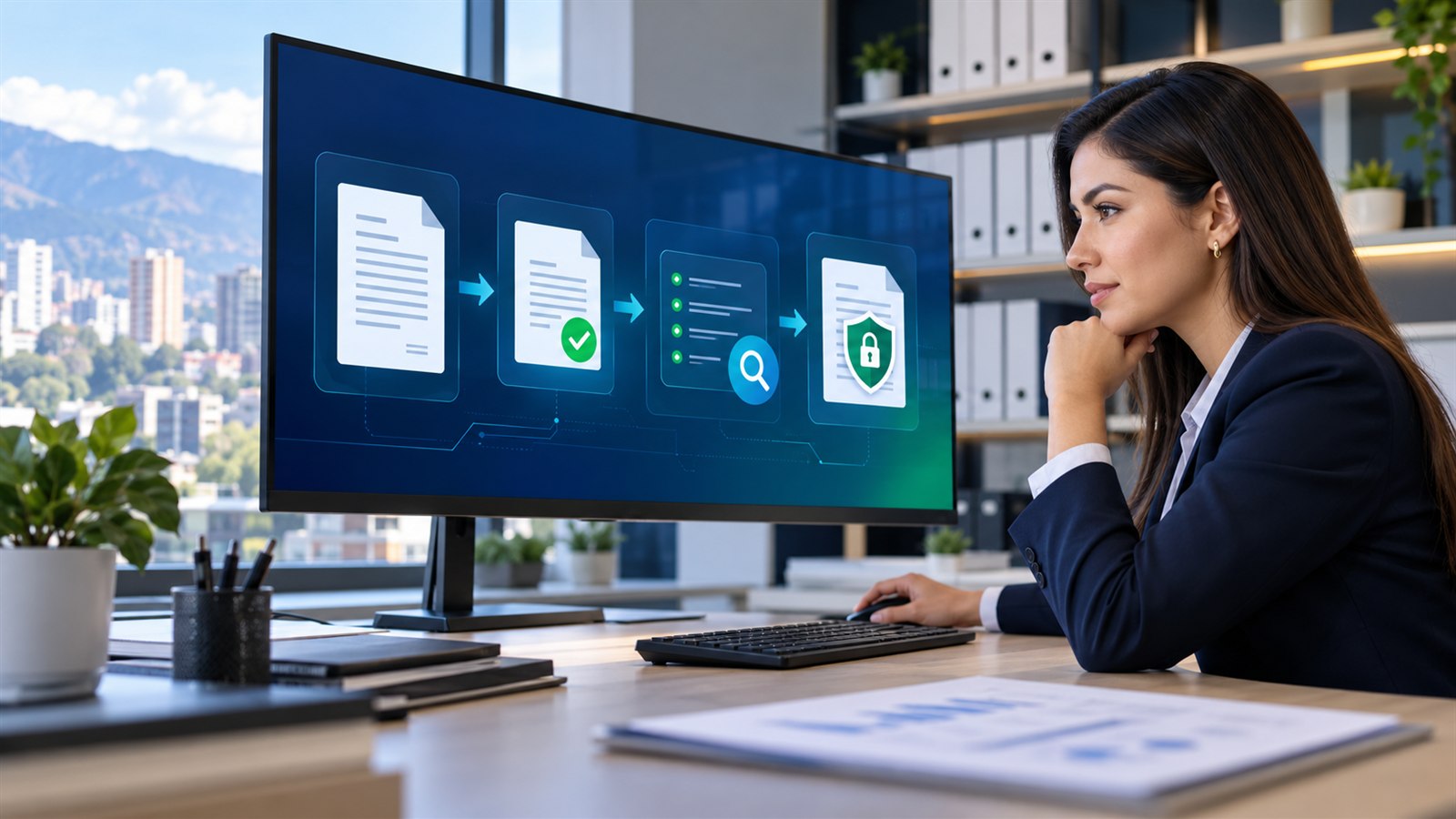 Profesional revisando seguridad y trazabilidad de documentos electrónicos
