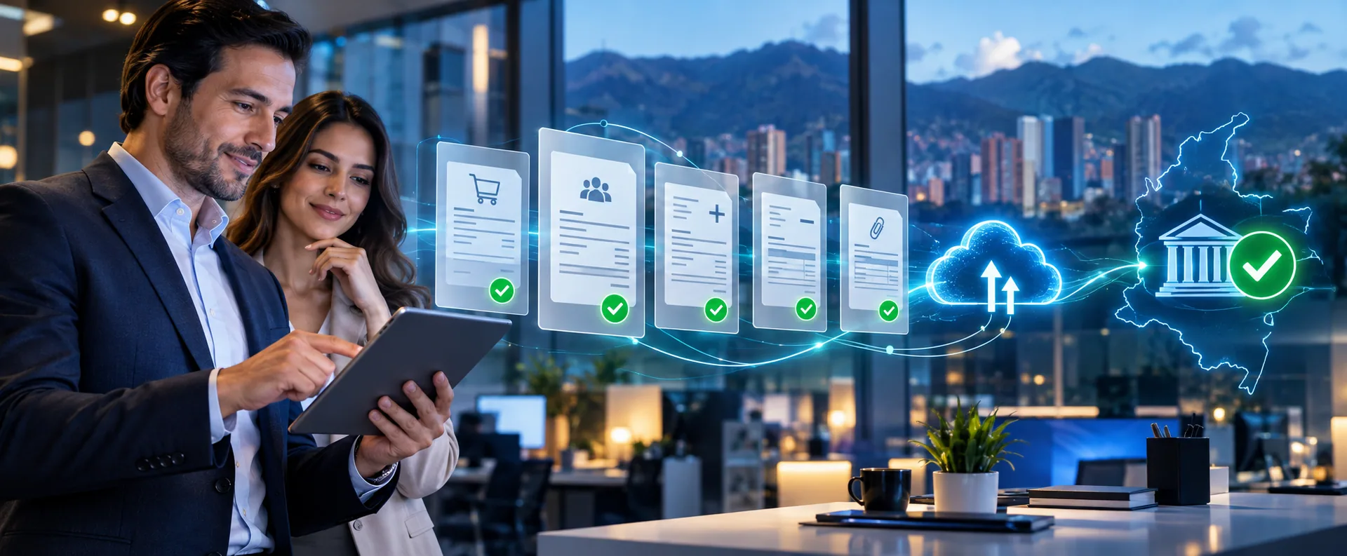 Empresarios gestionando documentos electrónicos y validaciones digitales en FACILWEB